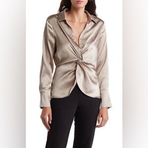 Pleione Gold Satin Front Twist Peplum Blouse Size Large